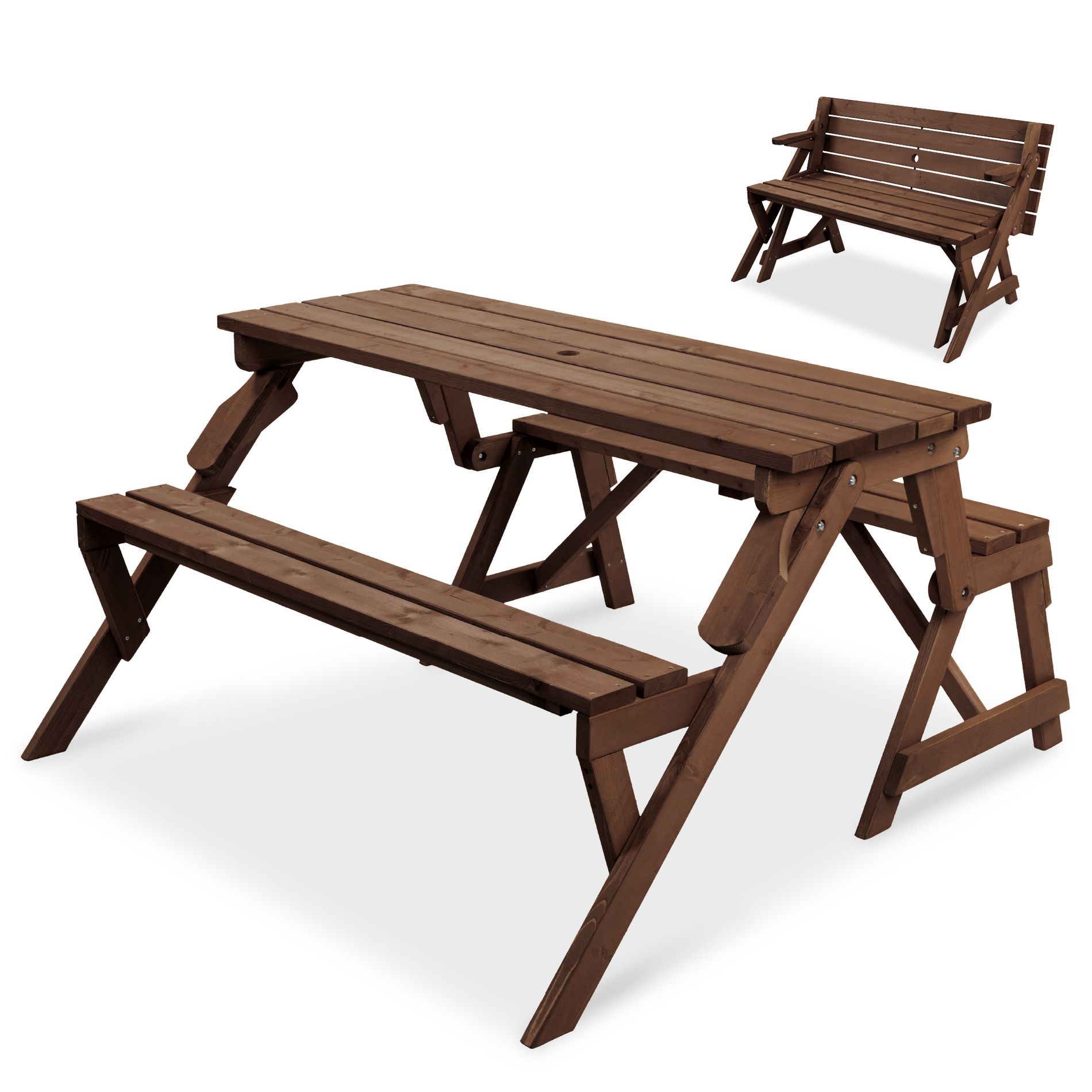 Best Choice Products 2-in-1 Outdoor Interchangeable Wooden Picnic Table/Garden Bench for w/ Umbrella Hole - Walnut