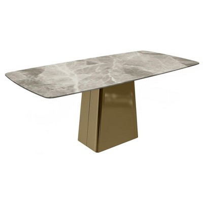 LeisureMod Quinix Modern Rectangular Dining Table for 4 to 8 People with Glass/Sintered Stone Top and Gold Stainless Steel Base