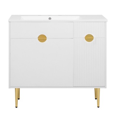 Vynxaria 36 inch Ultra White Modern Single Sink Freestanding Bath Vanity with White Resin Top Soft Close Drop Down Door Large Storage Cabinet
