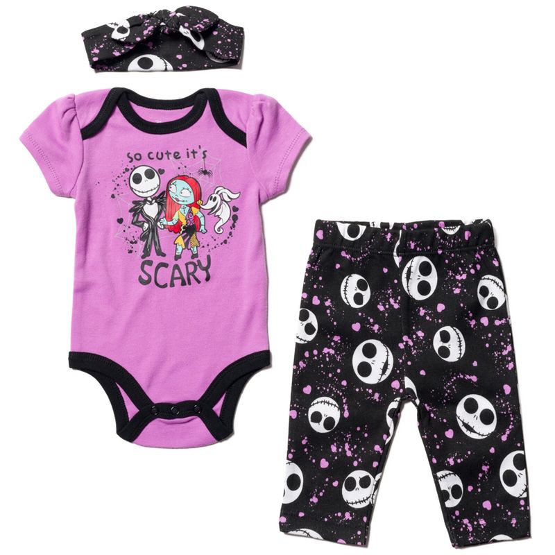 Disney Nightmare Before Christmas Zero Sally Jack Skellington Baby Girls Bodysuit Pants and Headband 3 Piece Outfit Set Newborn to Infant, 1 of 7