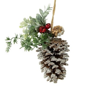 Northlight 13" Frosted Pine Cone with Mixed Foliage Christmas Ornament - 1 of 4