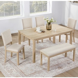 ORRD 6 Piece Dining Table Set with Bench, Light Oak Wood Kitchen Table & 4 Upholstered Chairs, Modern Farmhouse Set for Dining Room - 1 of 4