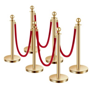 VEVOR Stanchions and Velvet Ropes 6Pcs,Hollow Base with Stainless Steel Post,4 Red Velvet Ropes and Posts,Crowd Control Barriers Gold Stanchions,Gold - 1 of 4