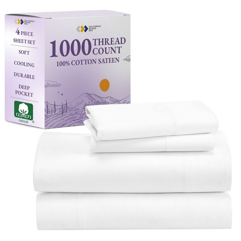 Luxury 1000 Thread Count Bed Sheets Set - 100% Cotton Sateen - Soft, Thick & Deep Pocket by California Design Den, 1 of 9