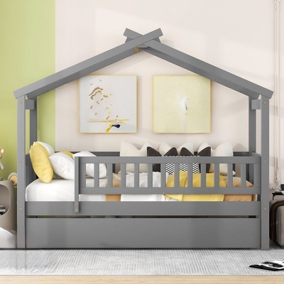 Twin Size Bed Frame, Wooden Kids House Bed With Trundle For Kids Teens, Wood Slat Support, No Box Spring Needed, Easy Assembly For Home Bedroom