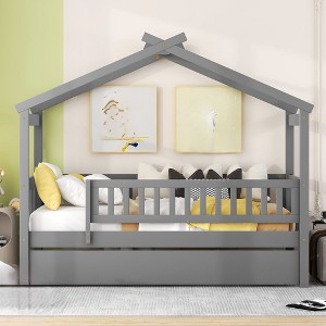 Twin Size Bed Frame, Wooden Kids House Bed With Trundle For Kids Teens, Wood Slat Support, No Box Spring Needed, Easy Assembly For Home Bedroom - 1 of 4
