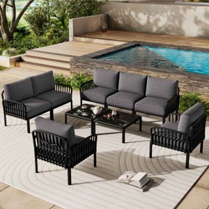9 PCS Patio Conversation Set, Modern Sectional with 2 Square Glass Coffee Tables, Plastic Frame Chair with Polyester Cushion-Coolbibila - 1 of 4