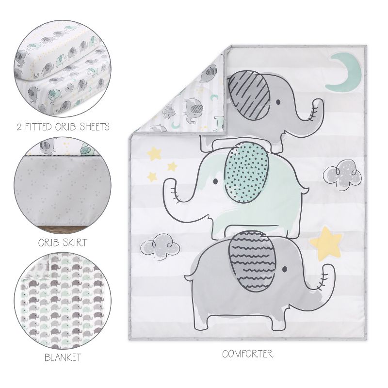 The Peanutshell 5-Piece Elephant Dreams Baby Crib Bedding Set for Boys and Girls with Extra Sheet, Quilt and Blanket, 3 of 10
