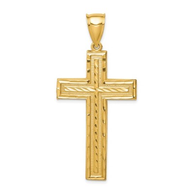 Black Bow Jewelry Men's 14k Yellow Gold Diamond-Cut Bordered Cross Pendant, 26 x 55mm