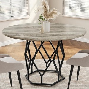 Round Table for 4 to 6 People, 120cm Dining Table with Metal Base in Diamond Shape, Round Farmhouse Wood Table for Kitchen, Living Room - 1 of 4