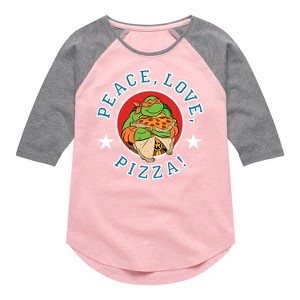 Girls' - Teenage Mutant Ninja Turtles - Peace Love Pizza Shirt Tail Raglan Graphic T-shirt - 1 of 4