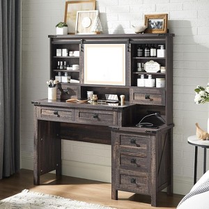 SinCiDo 48" Farmhouse Makeup Vanity Desk w/ Sliding High Definition Mirrors, Charging Station, LED Lights, 7 Drawers & Shelves, Bedroom Vanity Desk - 1 of 4