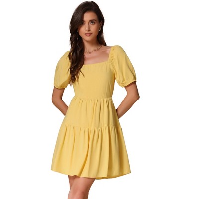 INSPIRE CHIC Women's Summer Tiered High Waist Square Neck Puff Short Sleeve Casual Sundress