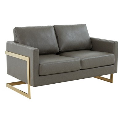 LeisureMod Lincoln Mid-Century Modern Upholstered Faux Leather Loveseat with Gold Frame