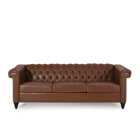 Parkhurst Tufted Chesterfield Faux Leather 3 Seater Sofa Cognac Brown ...
