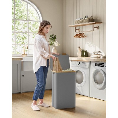 Collapsible Dove Gray Bamboo Laundry Hamper with Lid and Removable Mesh Liner