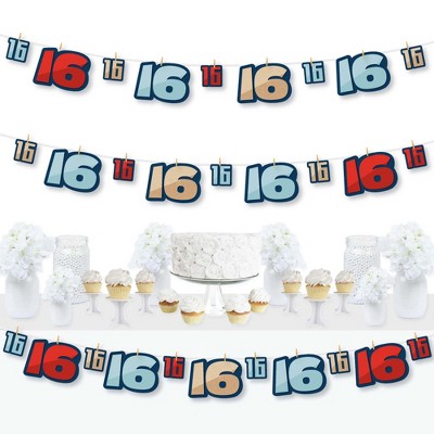 Big Dot of Happiness Boy 16th Birthday - Sweet Sixteen Birthday Party DIY Decorations - Clothespin Garland Banner - 44 Pieces