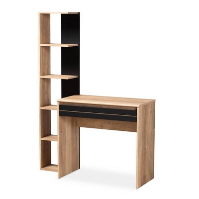 Levi Two-Tone Wood Desk with Shelves Black/Oak Brown - Baxton Studio