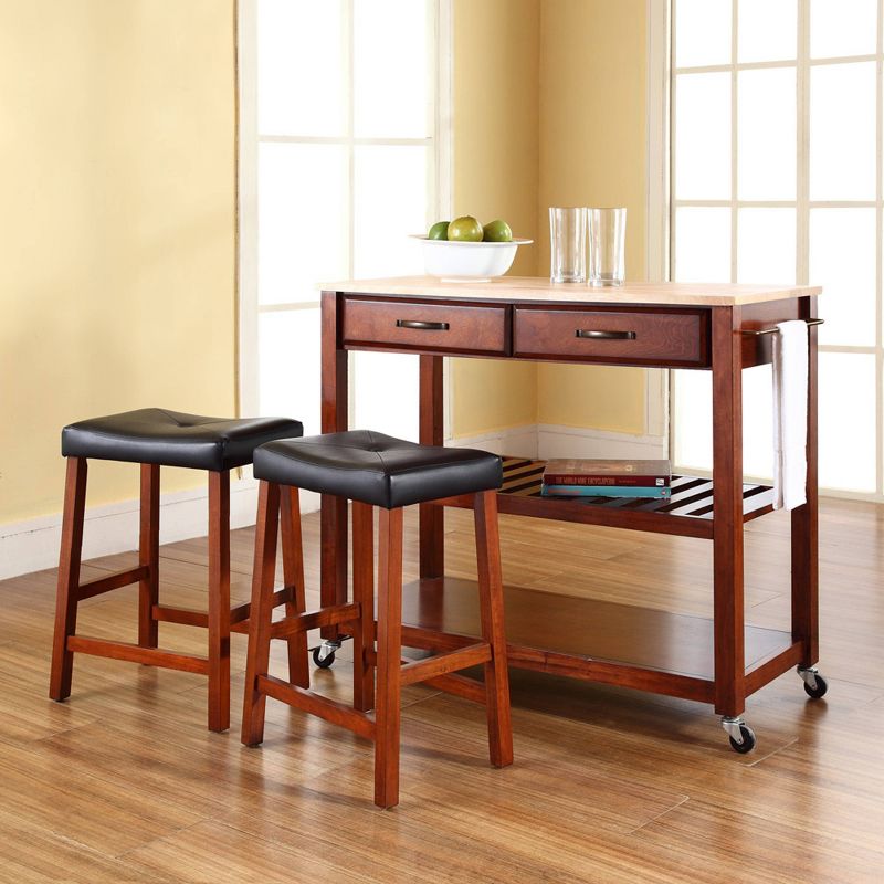 Wood Top Kitchen Prep Cart with 2 Upholstered Saddle Stools - Crosley, 3 of 12