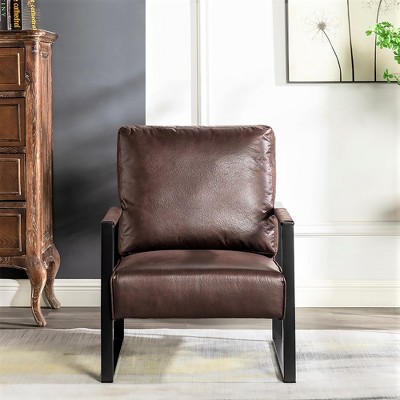 VYNXARIA Classic Mid Century Modern Accent Chair in Dark Brown Microfiber with Metal Frame