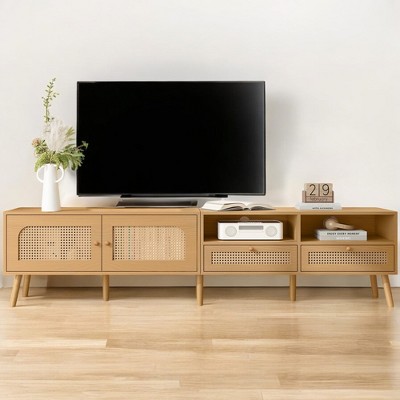 Boho TV Stand for TVs up to 85", Modern Farmhouse Media Console with Solid Wood Legs, Rattan Decoration, 2 Drawers, 2 Cabinets & 2 Open Shelves