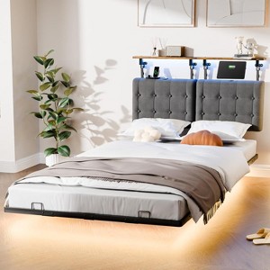VINGLI Floating Bed Frame Full with LED & Charging Station Hanging Linen Headboard - 1 of 4