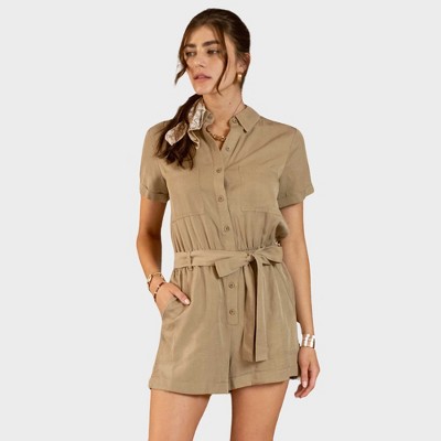 August Sky Women's Button Up Patch Pocket Belted Romper