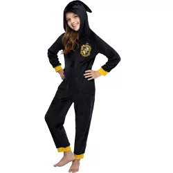 Harry Potter Unisex Kids Hufflepuff Hooded One-Piece Pajama Union Suit (14/16) Black
