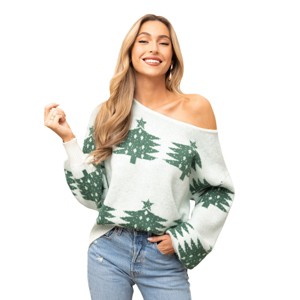 Women's Festive Christmas Tree Off-Shoulder Fuzzy Knit Sweater -Cupshe - 1 of 4