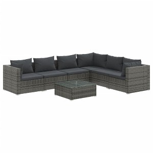 vidaXL 7 Piece Patio Lounge Set with Cushions- Modular Outdoor Sofa Set - Durable Poly Rattan Material - Adjustable Design - Gray and Anthracite - 1 of 4