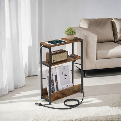 VASAGLE Side Table with Charging Station Narrow End Table 3-Tier Nightstand Sofa Table for Small Spaces Magazine Rack