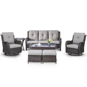 7 Piece Patio Furniture Set with Swivel Chairs, Rattan Wicker Outdoor Conversation Set with Patio Couch Swivel Chair Coffee Table End Table Ottoman - 1 of 4