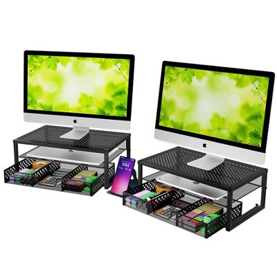 Simple Trending 2 Pack 2 Tier Metal Monitor Riser Stand and Computer Desk Organizer with Drawer, Black