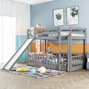 Whisen Twin Over Twin Bunk Bed & Bed Frame with Slide and Ladder, Full-length Guardrail, Solid Wood Frame - 1 of 4