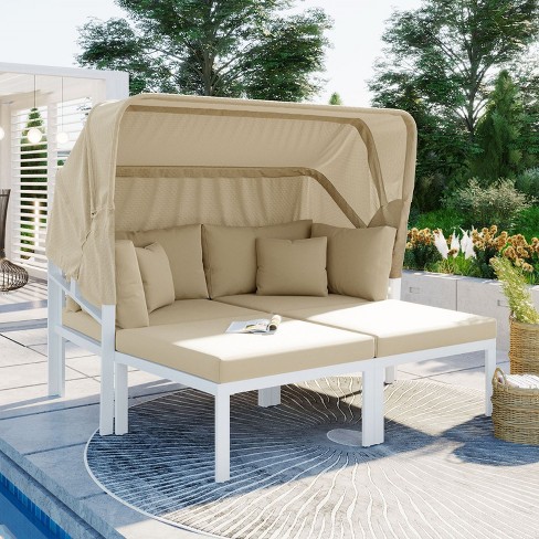 Janey 3 piece Patio Daybed With Retractable Canopy Outdoor Sectional Daybed With Cushions Outdoor Furniture Tanning Near Me Maison Boucle Target