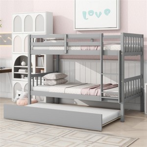RISOKEYS Twin Over Twin Rubber Wood Bunk Bed with Trundle, Convertible into Twin Size Beds,Bunk Bed with Ladder and Safety Guardrails - 1 of 4