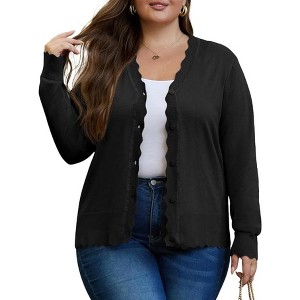 Coolmee Women's Plus Size Cardigan Long Sleeve V-Neck Front Button Down Knit Casual Shrugs Sweater - 1 of 3