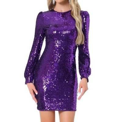 INSPIRE CHIC Women's Sequin Lantern Long Sleeve Sparkle Bodycon Party Club Mini Dress