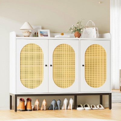 Rattan Shoe Cabinet with 3 Doors, Freestanding Shoe Organizer with Large Storage Space, 8-Tier Shoe Cabinet with Adjustable Shelves for Entryway