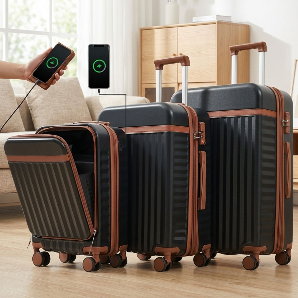 Polibi Luggage Set 3 Piece, 20 Inch Front Opening Design and 24/28 Inch Checked Suitcase with Spinner Wheels - thumbnail 2