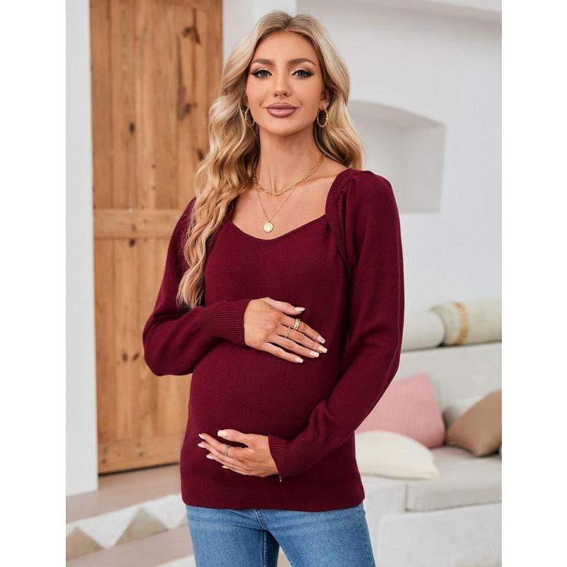 Women's Maternity Tops Casual V Neck Sweaters Puff Long Sleeve Ribbed Knit Fall Pregnancy Babydoll Pullover Sweater, 3 of 8