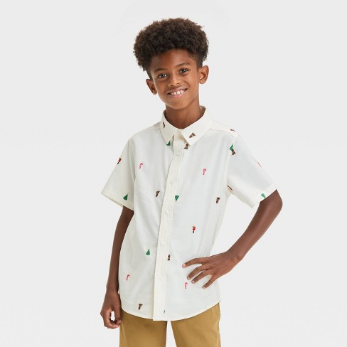 Boys Short Sleeve Christmas Embroidered Poplin Button down Shirt Cat Jack Cream Target