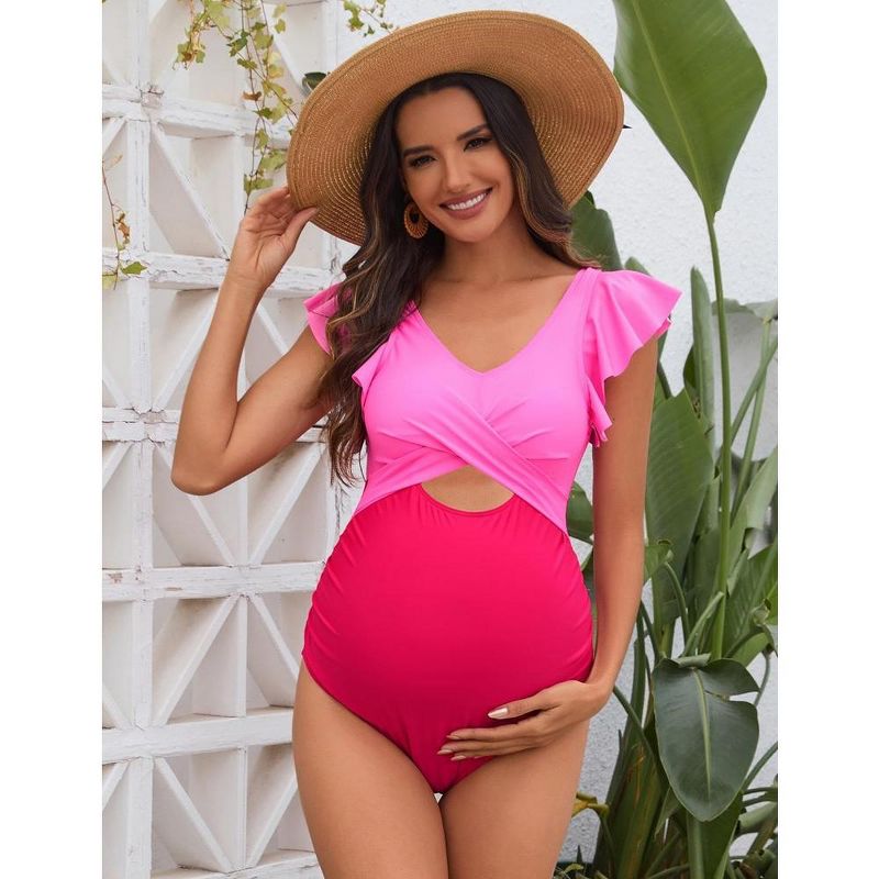 Ruffle Maternity Swimsuit One Piece High Waisted Pregnancy Bathing Suits Push Up Swimwear, 1 of 7