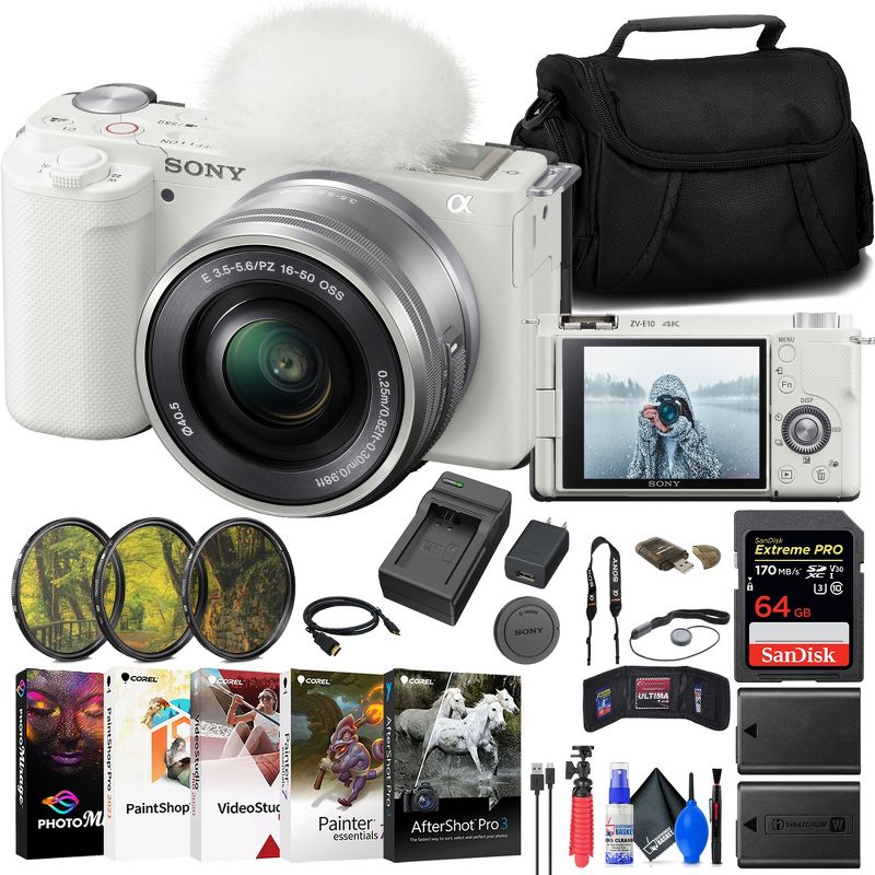 Sony ZV-E10 Mirrorless Camera w/ 16-50mm Lens (White) + Extra Battery + Software, 1 of 5