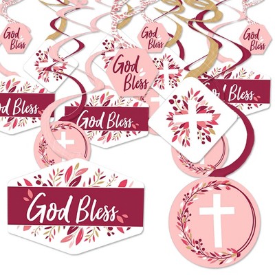 Big Dot of Happiness Pink Elegant Cross - Girl Religious Party Hanging Decor - Party Decoration Swirls - Set of 40