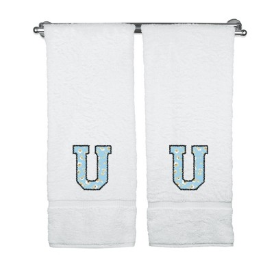 BC BARE COTTON Monogrammed Towels, Personalized Gift, Set of 2 - Embroidered Writing with Light Blue