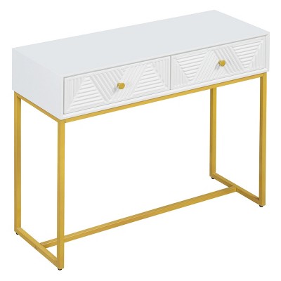 GlasFlength Console Tables Modern Narrow Entryway Table with Two Drawers and Metal Base Elegant for Living Room Hallway, White, 38"*14"*24.4"