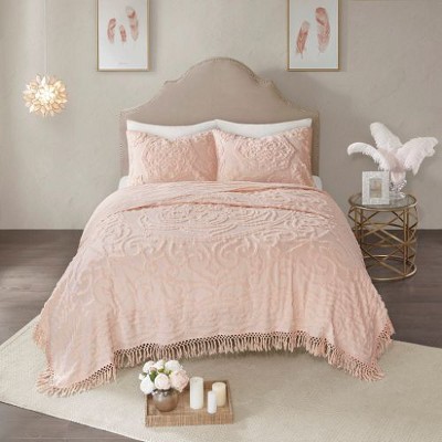 Sapphtopaz Full/Queen Sheet Set, Tufted Cotton Chenille Medallion Fringe Coverlet Mini Set, Boho Shabby Chic/Fringe Hem - Bedding with Shams