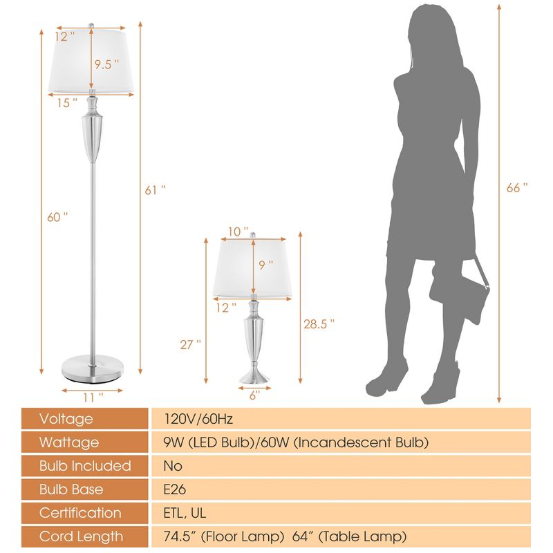 Costway 3 Piece Lamp Set Modern Floor Lamp & 2 Table Lamps Nickel Finish Lamps W/ Base, 3 of 10