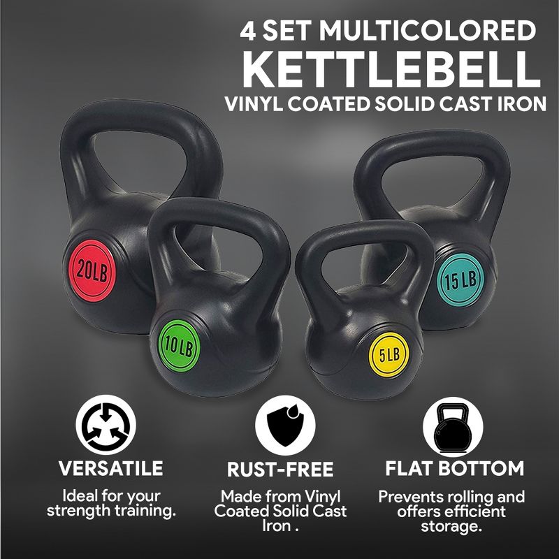 BalanceFrom Fitness Home and Gym Personal Workout Vinyl Coated Solid Cast Iron Kettlebell Weight Set with 5, 10, 15, and 20 Pound Color Coded Weights, 3 of 7